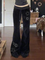 Star Rhinestones Ribbed Waistband Drawstring Low Waist Velvet Flared Pants