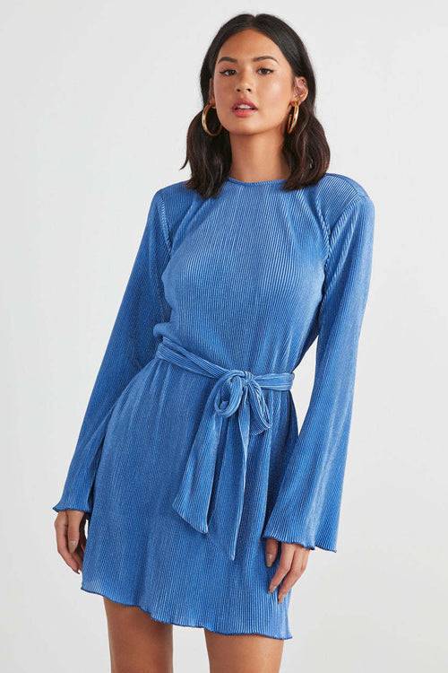 Plisse Pleated Tie Waist Crew Neck Long Sleeve Mini Dress