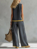 Sleeveless Color-blocked Wide-leg Pants Two-piece Set