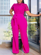Lace Trim Hollow Short Sleeve Bandage High Waist Wide Leg Jumpsuits