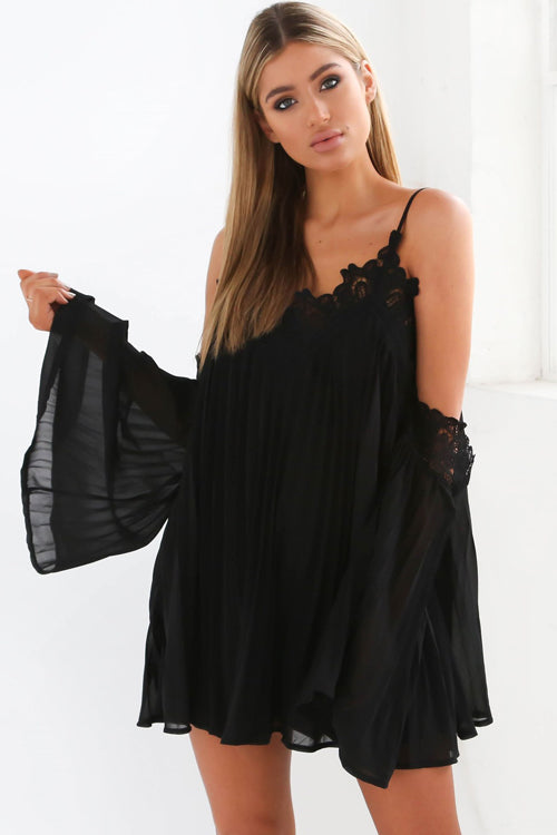 Cold Shoulder Crochet Trim Pleated Chiffon Bell Sleeve V-Neck Mini Dress