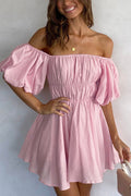 Off-the-Shoulder Shirred Waist Puff Sleeve Fit and Flare Mini Dress