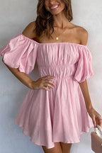 Off-the-Shoulder Shirred Waist Puff Sleeve Fit and Flare Mini Dress