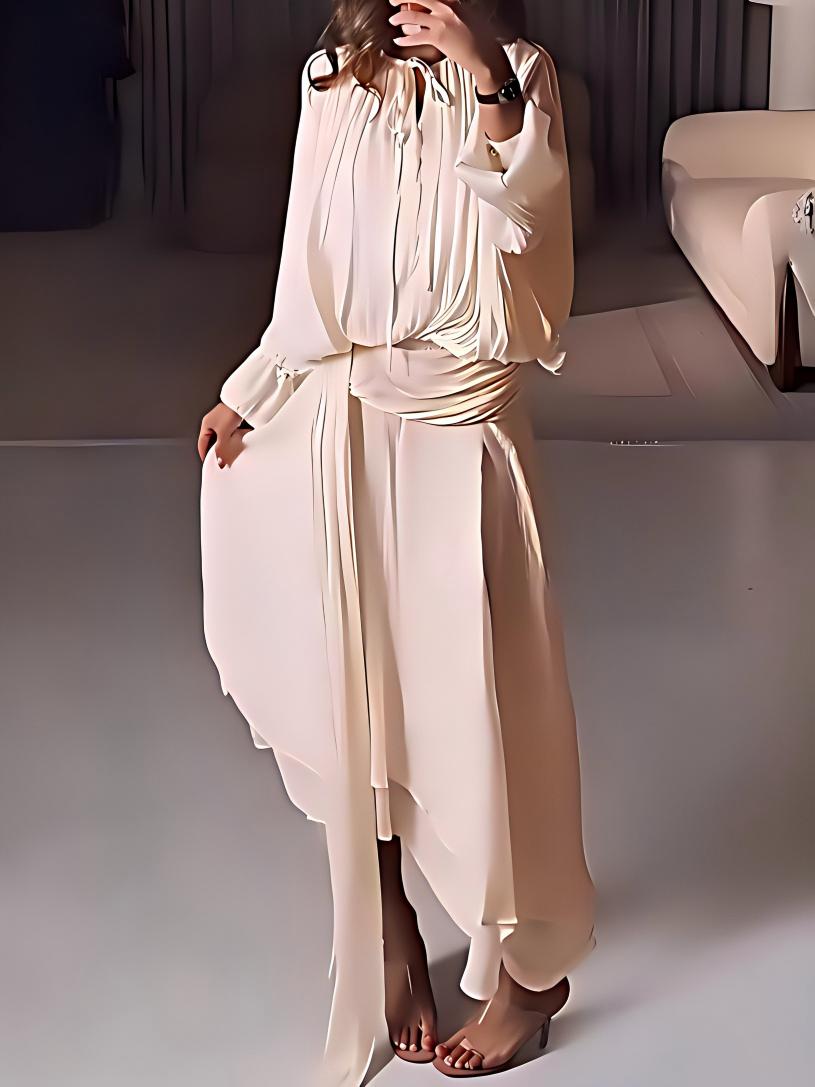 A-line Maxi Dress With Puff Sleeves And Ruched Design