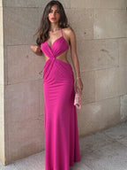 Pleated Neckband Showing Off Waist And Back Maxi Dresses