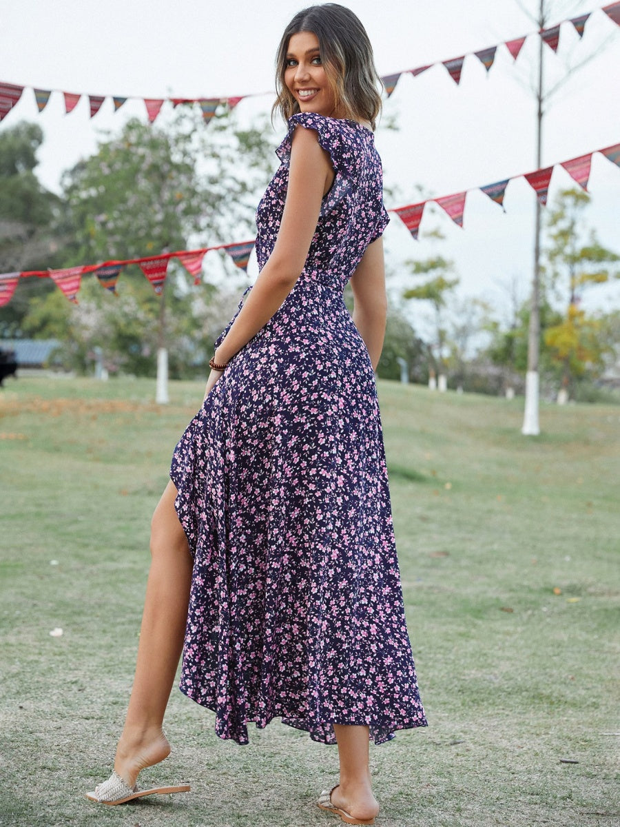 Wrap-up V-neck Bandage Asymmetrical Skirt Vacation And Leisure Maxi Dresses