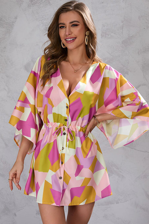 Deep V Neck Button Front Kimono Sleeve Drawstring Botanical Print Mini Dress