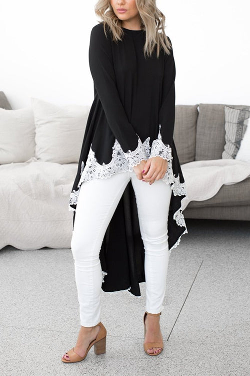 Long Sleeves High Low Hem Lace Trim Blouse Top