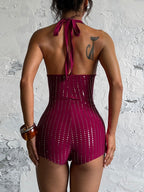 Slim-fit Rhinestone Deep V Backless Jumpsuit