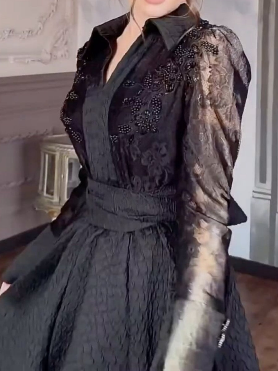 Beaded Flowers Lace Long Sleeve Formal Maxi Dresses