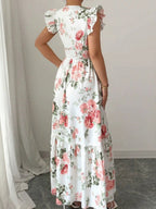 Ruffle Plants And Flowers Printed Long Dress
