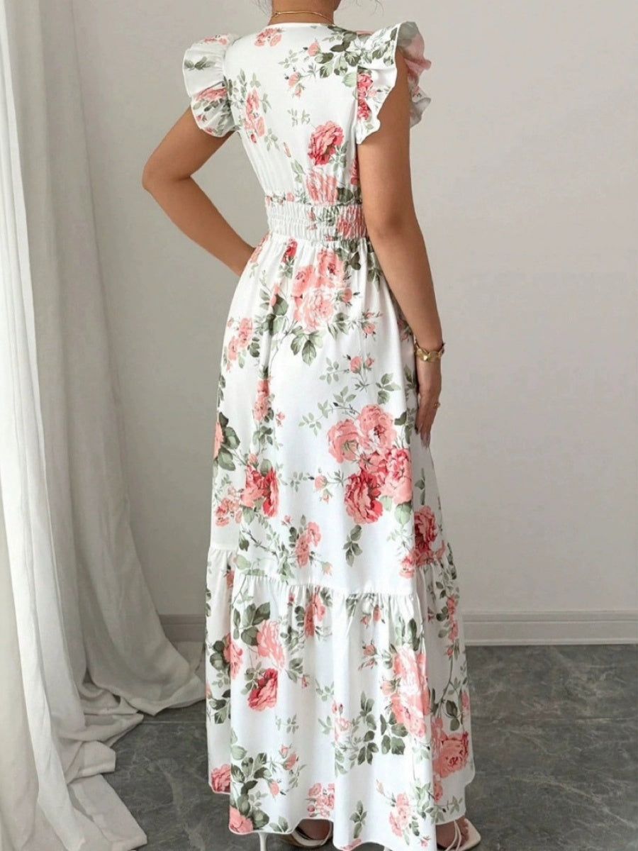 Ruffle Plants And Flowers Printed Long Dress