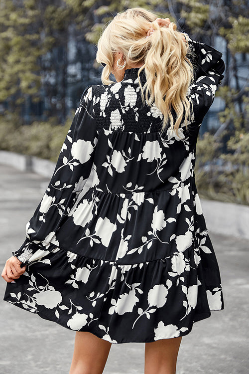 Smocked Mock Neck Balloon Sleeve Tiered Floral Print Mini Dress