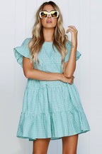 Gingham Check Tiered Ruffle Sleeve Smock Babydoll Mini Dress