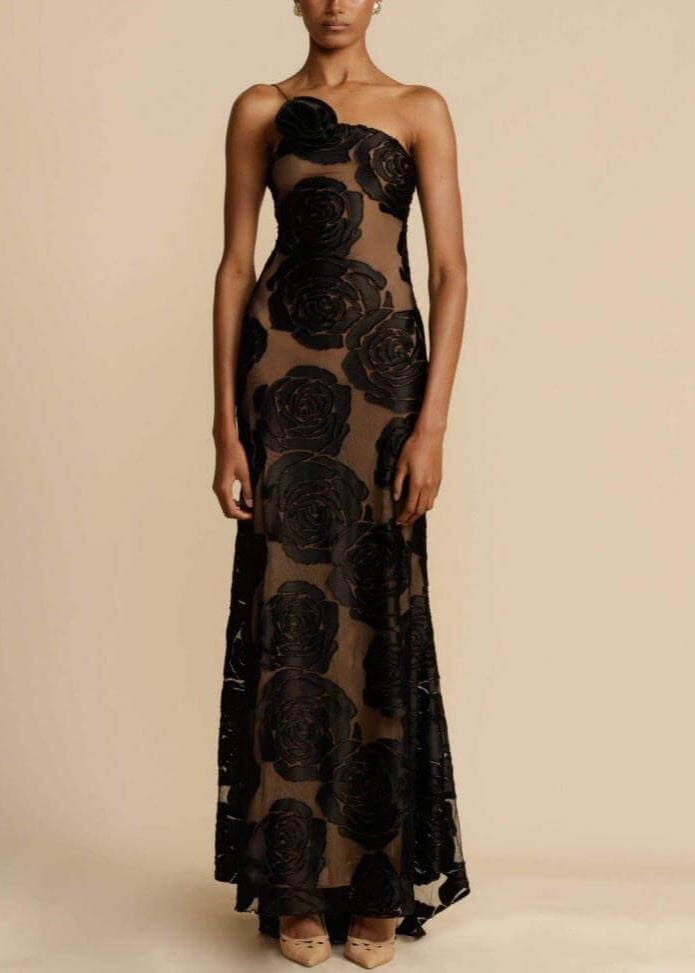 One Shoulder 3D Floral Applique Velvet Burnout Mesh Column Maxi Gown