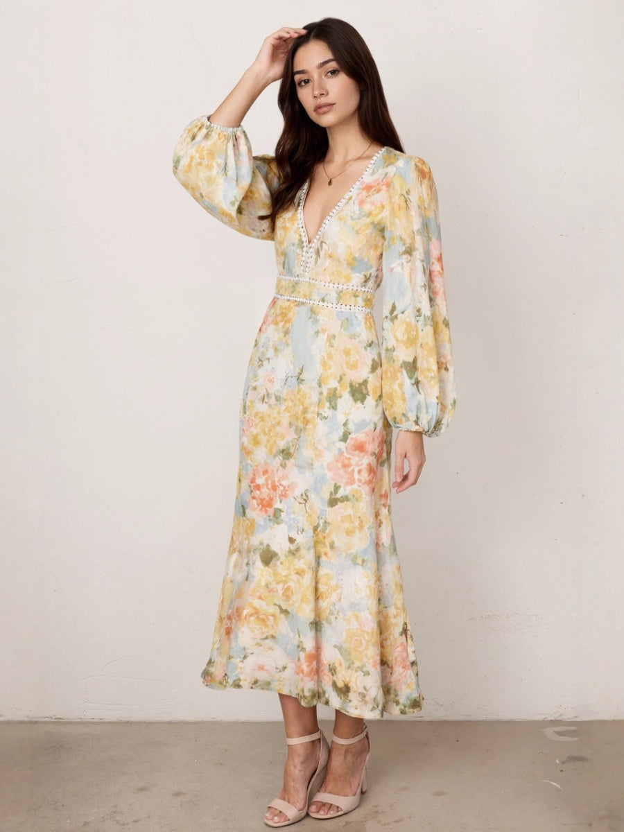 Floral Print Long-Sleeved Bodycon Slim Fit Long Dress