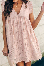 V-Neck Eyelet Lace Flutter Sleeve Pocket Babydoll Mini Dress