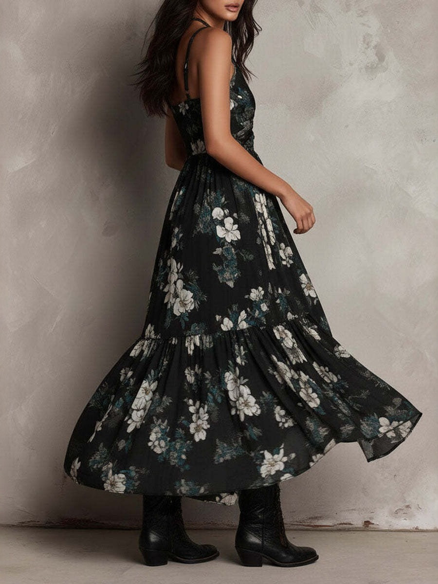 V-neck, Fitted Waist, High Slit, Spaghetti Strap Long Dress