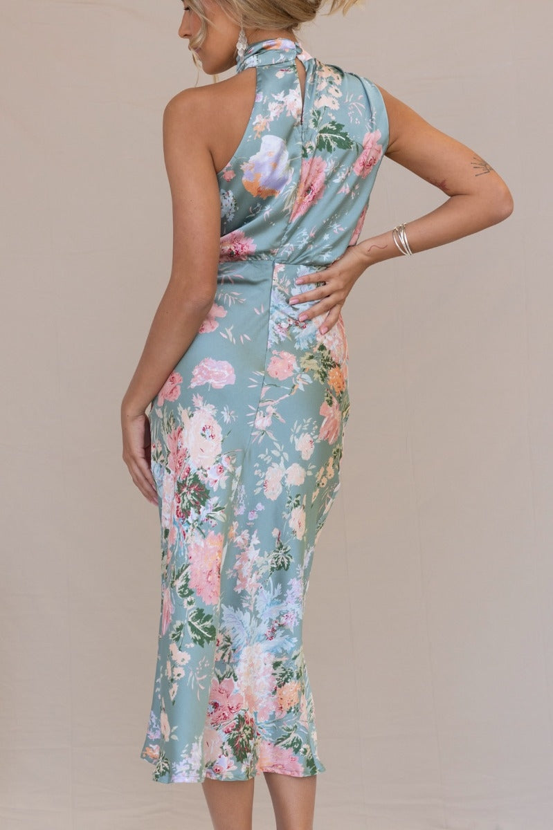 Satin Floral Print Halter Neck Cowl Neck Two Piece Set