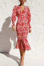 Floral Print Deep V-Neck Puff Sleeve Smocked Ruffle Hem Midi Dress