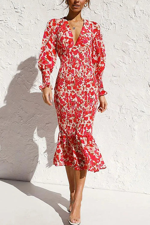 Floral Print Deep V-Neck Puff Sleeve Smocked Ruffle Hem Midi Dress