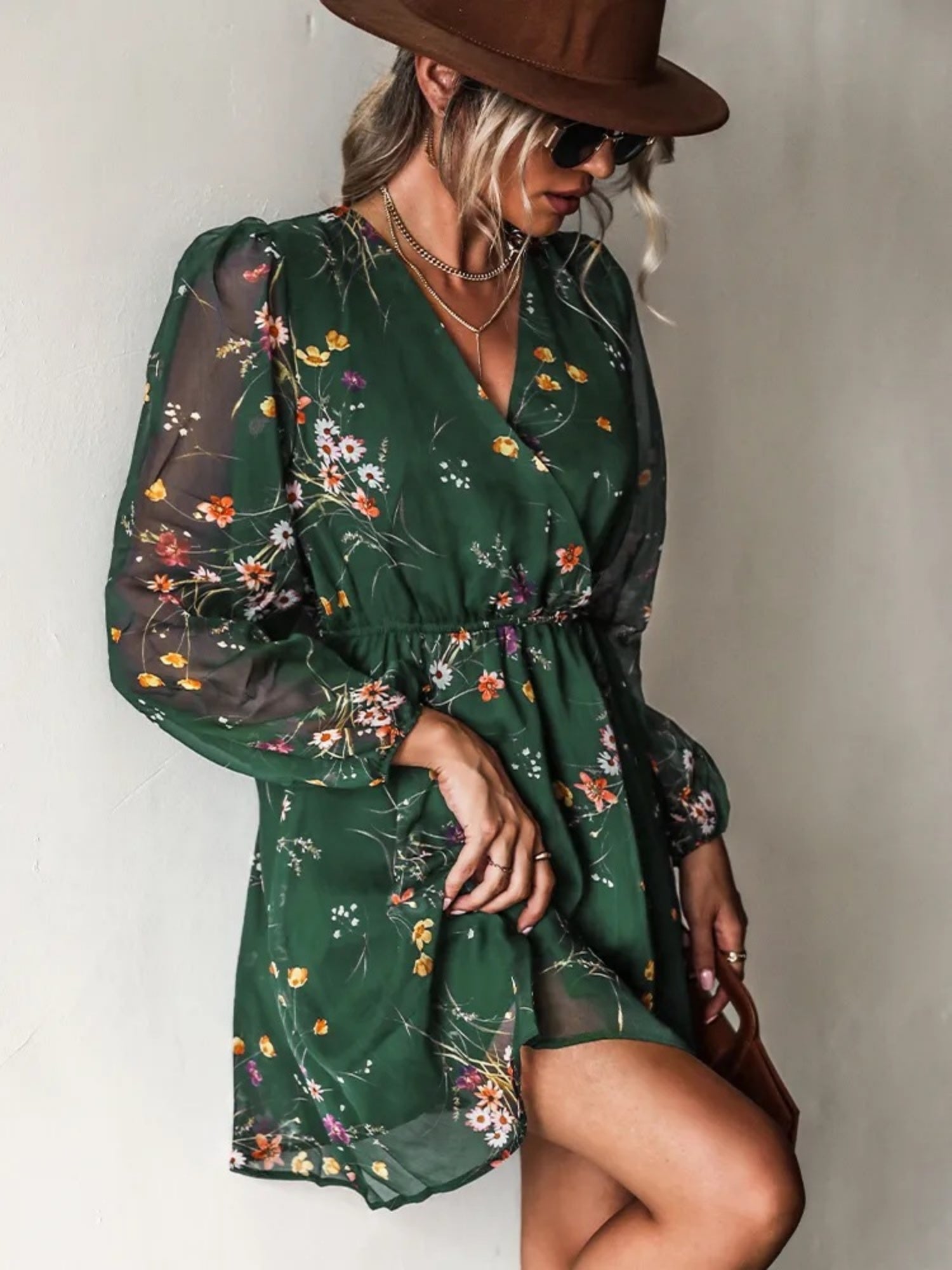 Printed Chiffon V-neck Sheer Long Sleeves Mini&Short Dresses