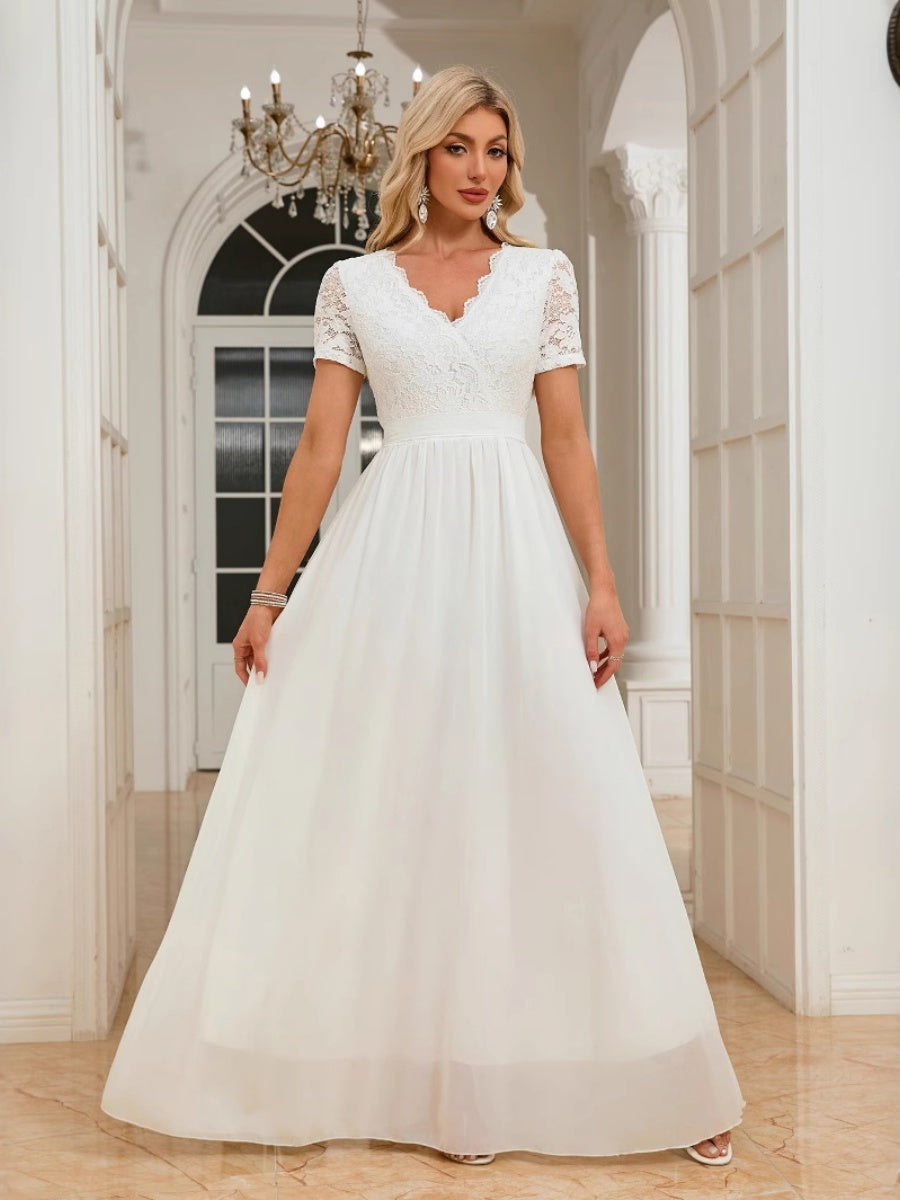 Lace Trim Splicing Chiffon Waist V-neck Maxi Dresses