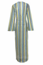 Pilar Chic Boho V Neck Bell Sleeve Maxi Dress, Wavy Striped Crochet Beach Holiday Dress Evening Wear Edit