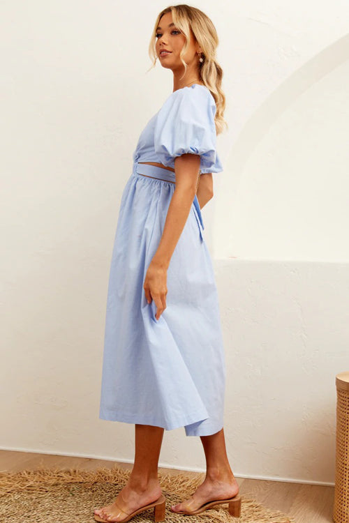 Deep V-Neck Puff Sleeve Side Waist Cutout A-Line Midi Dress