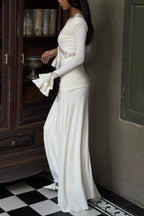 Lace Trim Deep V-Neck Criss Cross Bodice Ruffle Cuff Draped Panel Maxi Gown