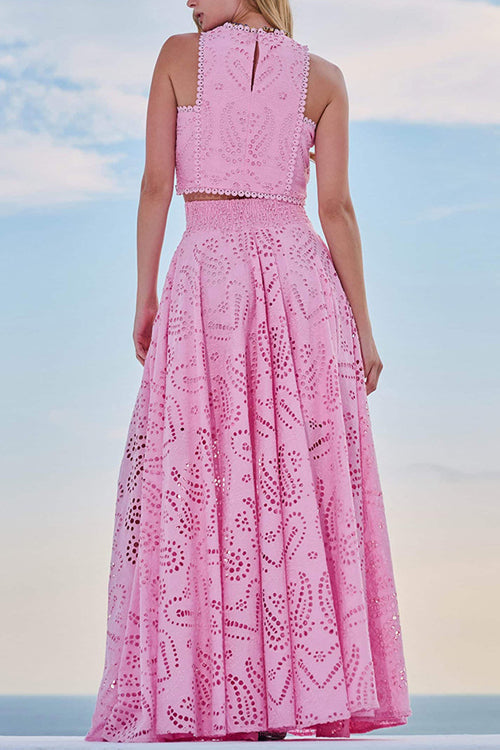 Eyelet Lace Heart Print Scalloped Trim Crop Top Wide Leg Pants Two Piece Set