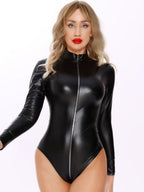 PU Leather Zipper Open Crotch Long Sleeves Bodysuits