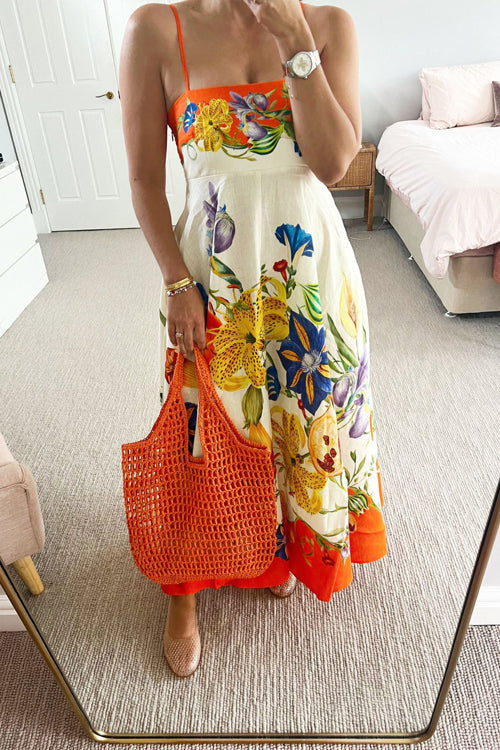 Spaghetti Strap Square Neck Botanical Fruit Print Scalloped Hem Midi Dress