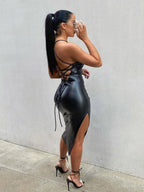 PU Leather Backless Strappy Slit Neckband Maxi Dresses