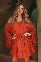Off-the-Shoulder Bell Sleeve Eyelet Lace Fringe Trim Tie Waist Wrap Mini Dress