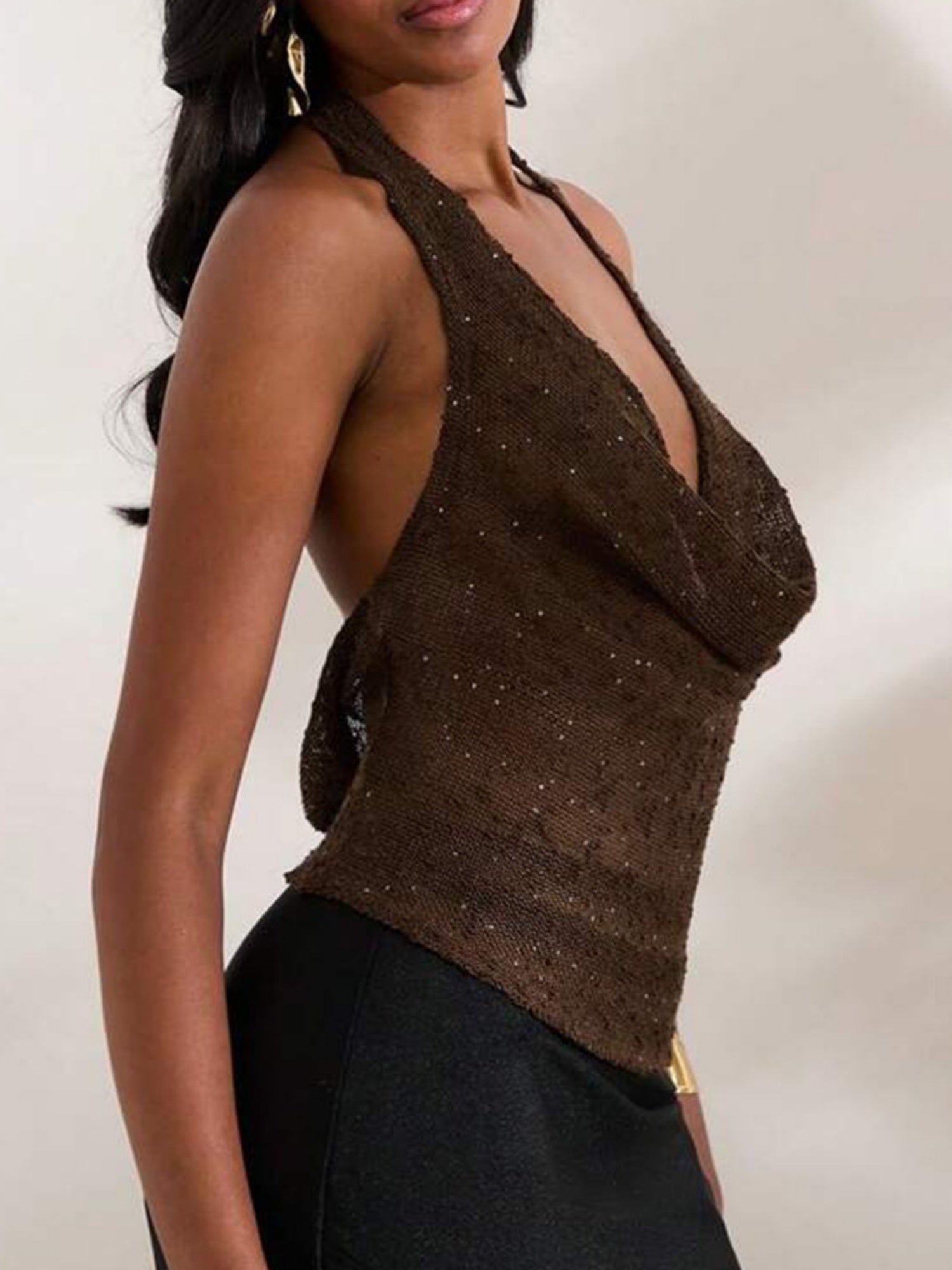 Glitter See-through Sway Neck Backless Tank Tops