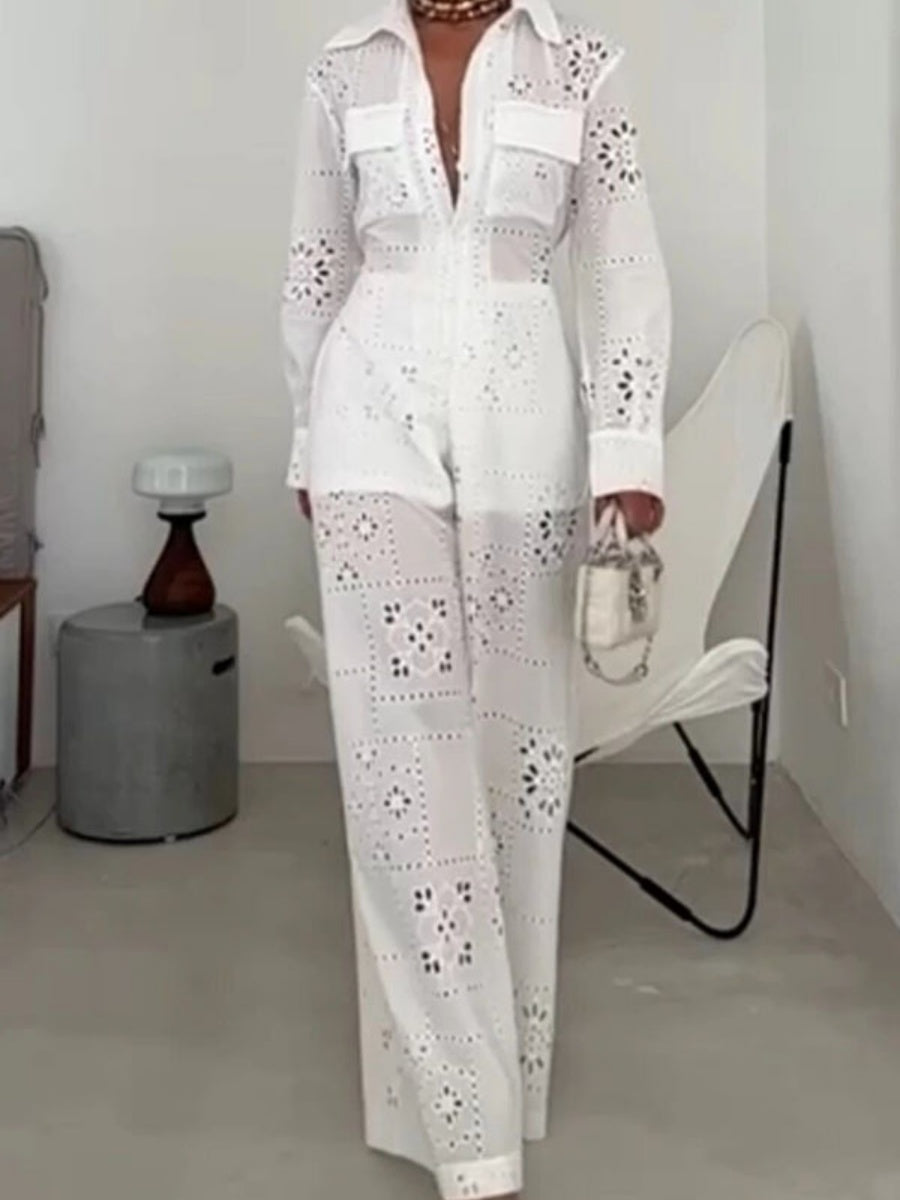 Hollow Applique Straight-leg Vacation Jumpsuit