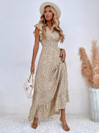 Floral Lotus Leaf Sleeves V-neck Vacation And Leisure Maxi Dresses