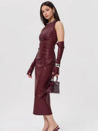 PU Leather Off-shoulder Wrap Pleats Are Sexy Bodysuit With Slits Midi Dresses