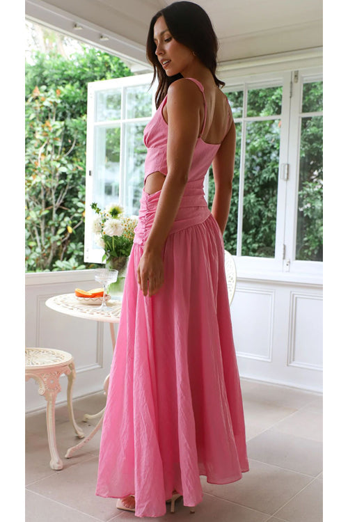 Deep V-Neck Cut Out Waist Sleeveless Wrap Pleated Maxi Dress