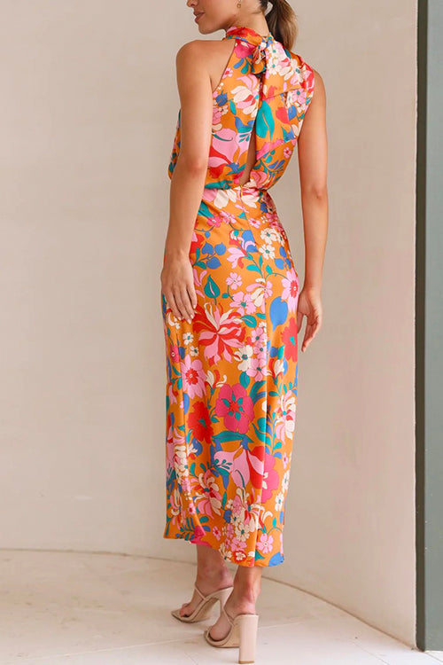 Tie Back Halter Sleeveless Waisted Maxi Floral Dress