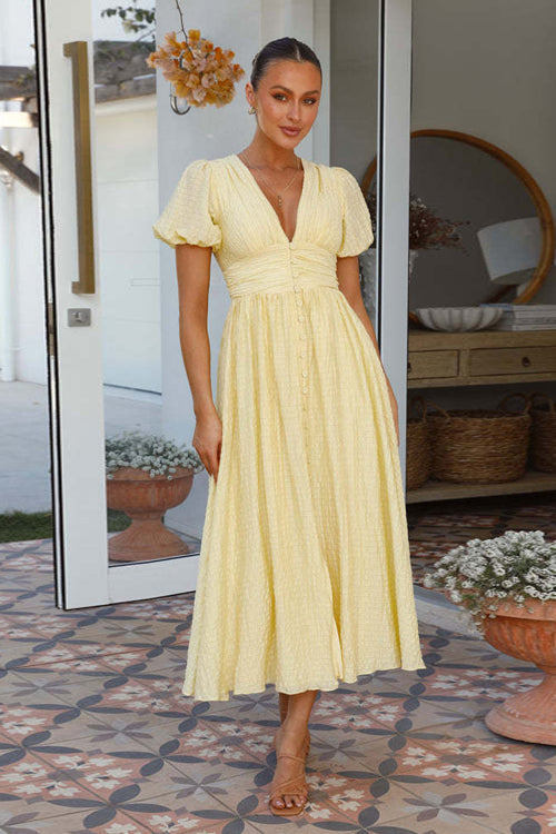 Plisse Texture Puff Sleeve Ruched Waist Button Front Maxi Dress