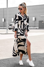 Abstract Print Long Sleeve Button Down Tiered Hem Side Slit Maxi Shirt Dress