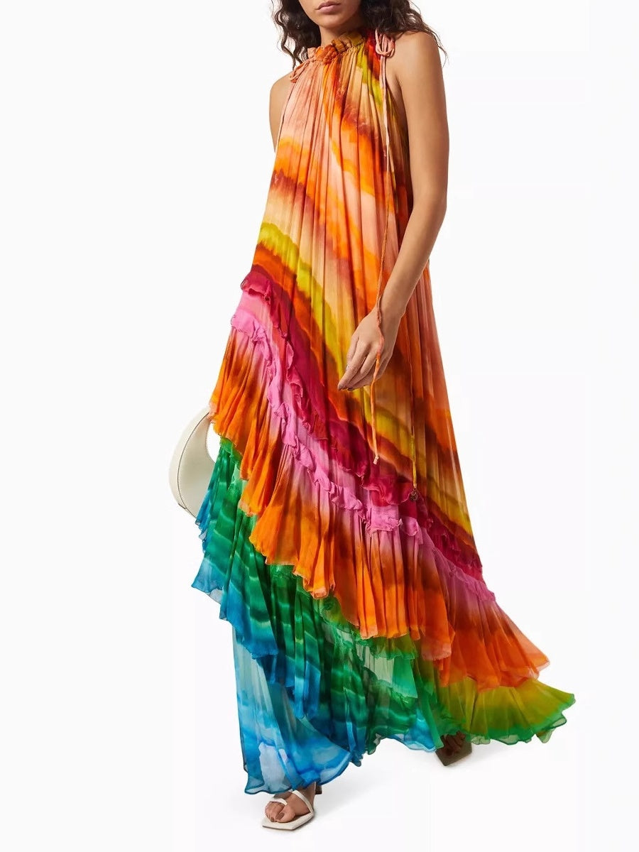 Gradient Print Sexy Off-Shoulder Puffy Long Dress