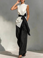 Two-piece Set: Tie-waist Sleeveless Tencel Linen Top And Wide-leg Pants