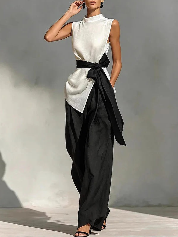 Two-piece Set: Tie-waist Sleeveless Tencel Linen Top And Wide-leg Pants