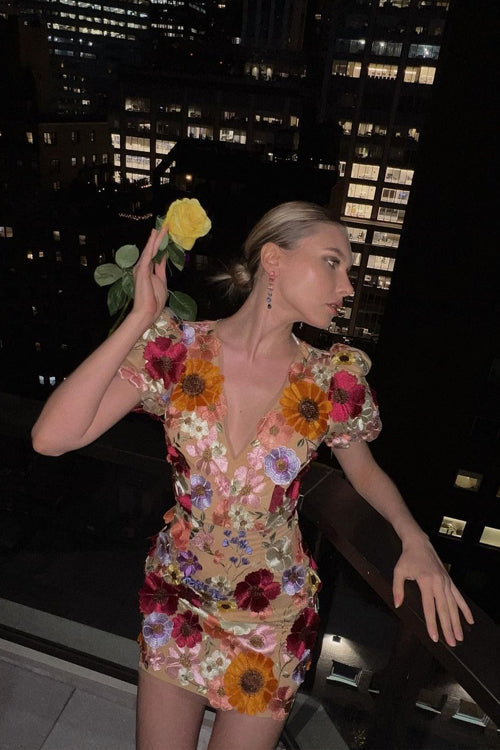 3D Floral Applique Puff Sleeve V Neck Sheer Mesh Mini Dress