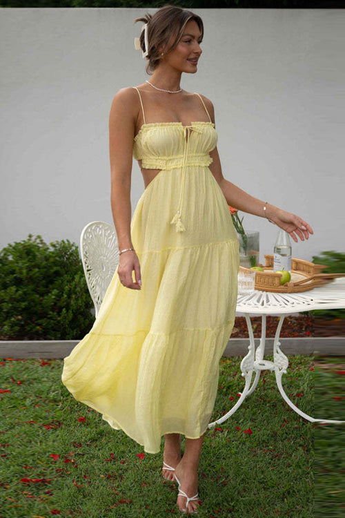 Spaghetti Strap Keyhole Bust Side Waist Cut Out Tiered Maxi Dress