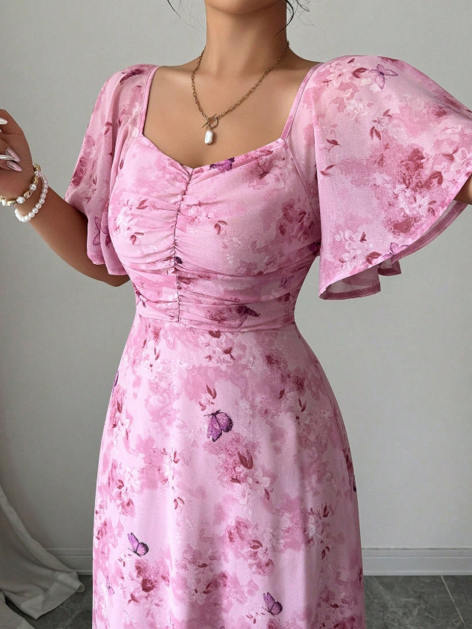 Butterfly Print Lotus Leaf Sleeves Pleated Slim Fit Maxi Dresses