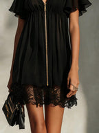 V-neck Zipper Cardigan Lace Splicing Mini&Short Dresses
